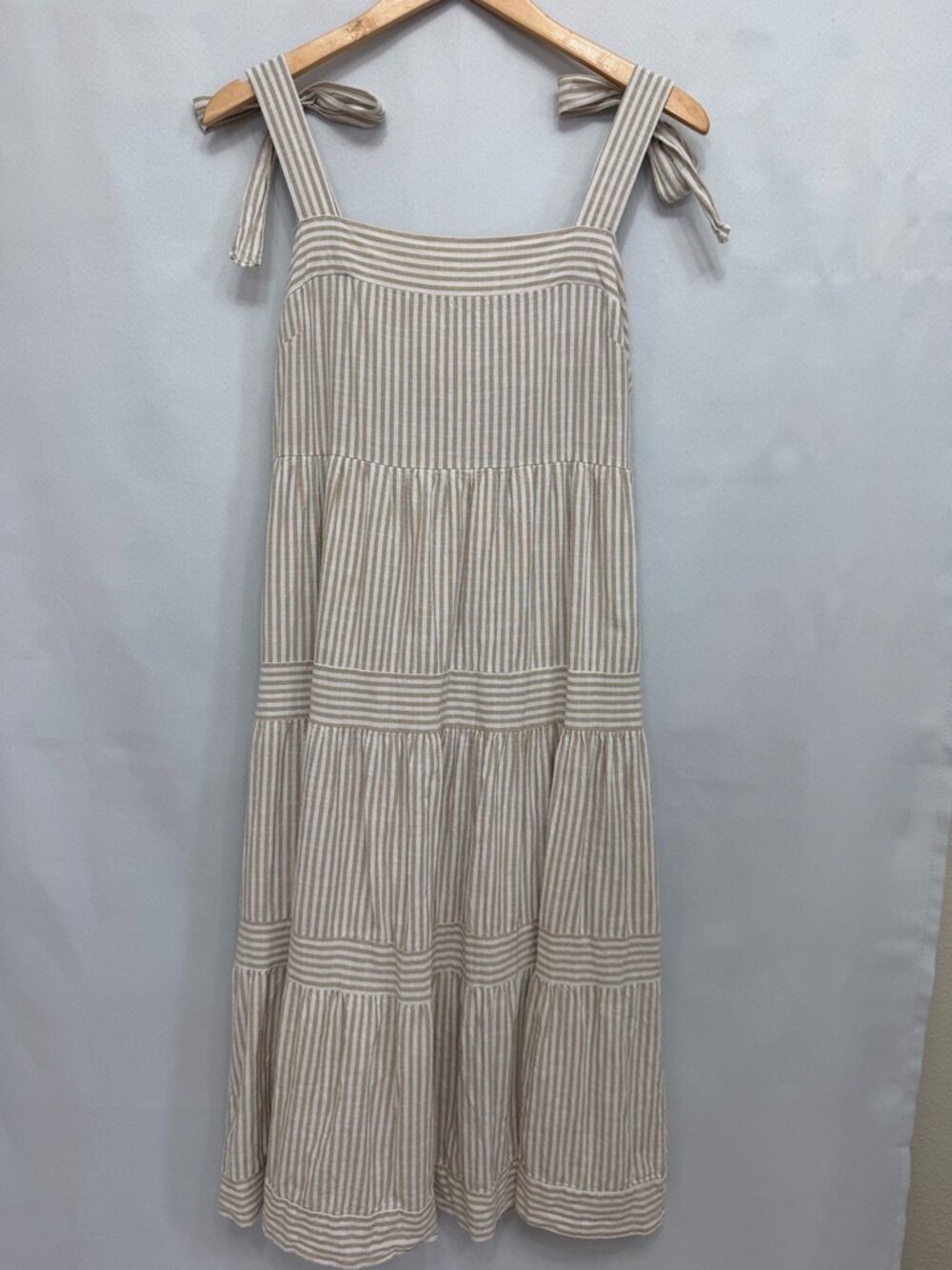 Striped Tie Strap Midi Dress Beige Cotton Cottagecore Size PL